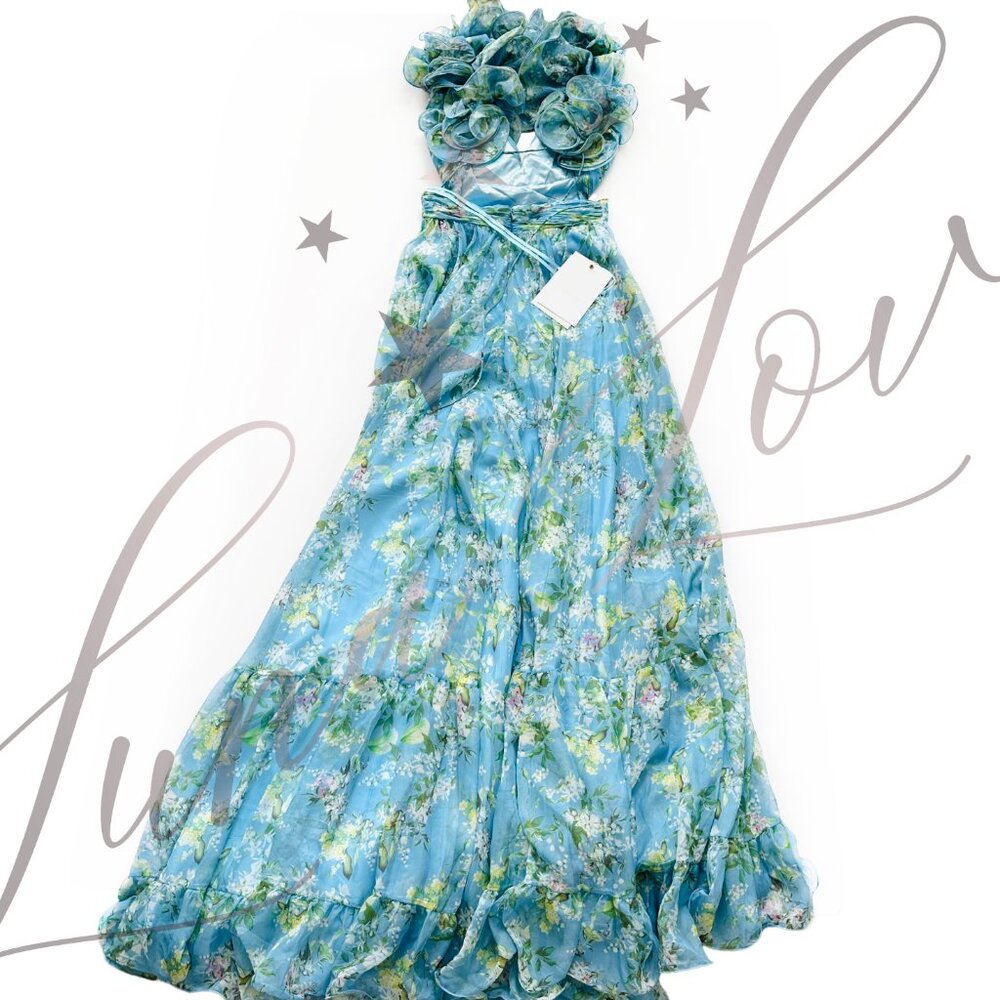 MAC DUGGAL x Anthropologie Blue Ruffle Tiered Floral Cut-Out Chiffon Gown NWT - Picture 7 of 11